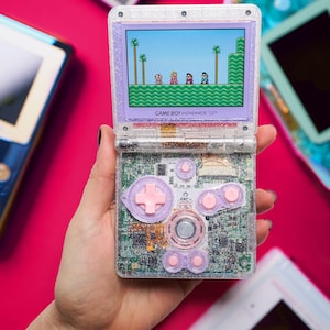 Pastel Pink Game Boy Advance SP – Clear Glitter Shell, IPS Display, Custom Modded GBA