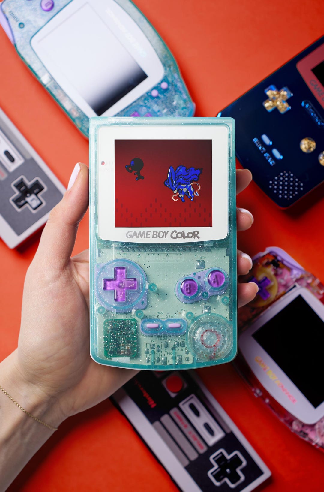 Suicune Game Boy Color Teal Glitter Shell, Purple Chrome Buttons Custom  Vintage Retro Modded
