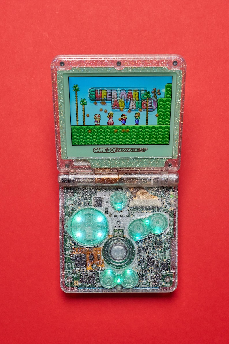 Dusty Green Game Boy Advance SP – Clear Glitter Shell, IPS Display ...
