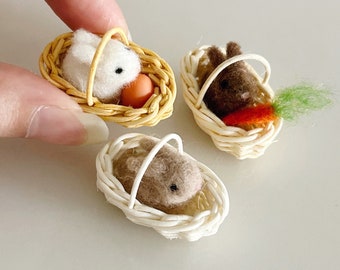 Tiny Miniature Felted Easter Bunny in Wicker Basket | Cottagecore Easter Gift for Animal Lover