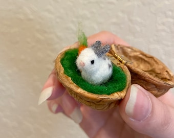 Tiny Miniature Needle Felted Bunny with Walnut Shell Giftbox | Collectable Cottagecore Gift for Bunny Lover and Animal Lover