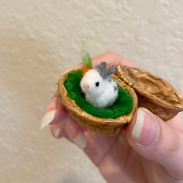 Tiny Miniature Needle Felted Bunny with Walnut Shell Giftbox | Collectable Cottagecore Gift for Bunny Lover and Animal Lover