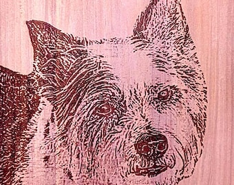 Portret zwierzaka na zamówienie: tabliczka z wypalanego drewna cedrowego, spersonalizowana pirografia