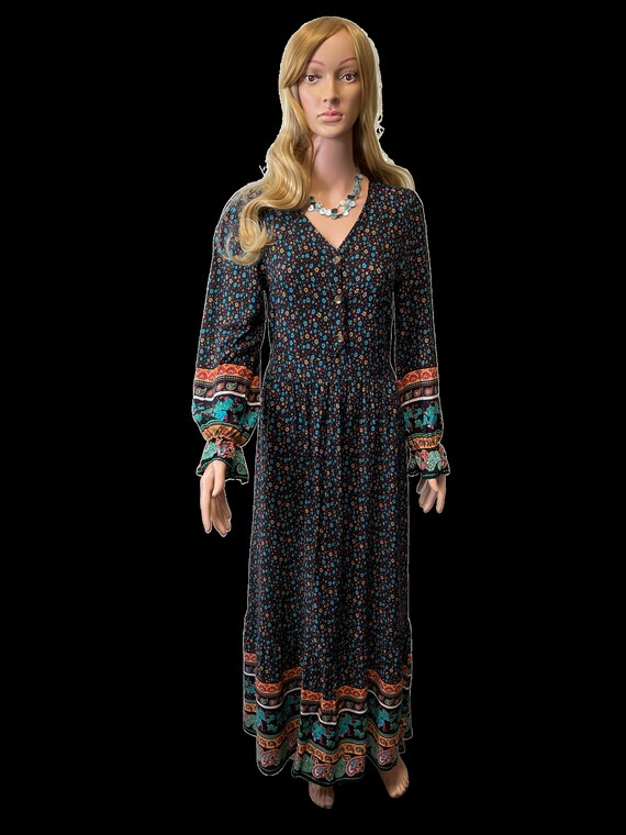 Women's Blue & Autumn Flower Maxi Dress (S) Vinta… - image 1