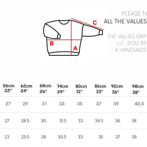 May include: A size chart for a sweater with measurements in inches and centimeters. The chart shows the measurements for the width of the sweater, the length of the sweater, and the length of the sleeve. The chart is labeled with the size of the sweater in centimeters and inches.