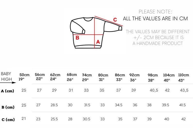 May include: A size chart for a sweater with measurements in inches and centimeters. The chart shows the measurements for the width of the sweater, the length of the sweater, and the length of the sleeve. The chart is labeled with the size of the sweater in centimeters and inches.