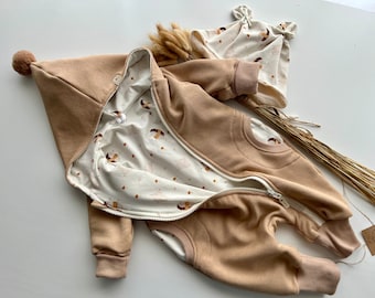 GOTS Cotton Baby Snowsuit, Beige Hooded Preemie Newborn Overall