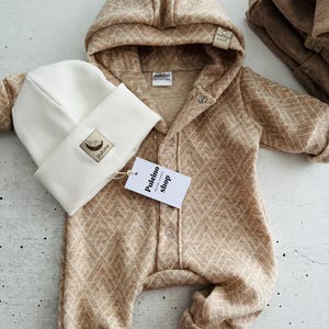 Merino Wool Baby Romper with Hood: Beige Unisex Wool Suit