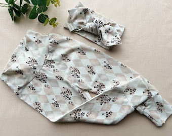 Pantalon bébé assorti chapeau, Preemie Leggings et bandeau ensemble, vêtements pour bébé fille, tenue de retour à la maison, pantalon enfant, tenue de douche de bébé doux