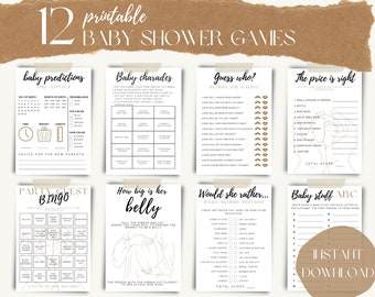 May include: Twelve printable baby shower game cards with a brown and gold colour scheme. The games include: Baby Predictions, Baby Charades, Guess Who: Mummy or Daddy, The Price is Right, Party Guest Bingo, How Big is Her Belly, Would She Rather... Baby Mommy Edition, and Baby Stuff ABC.