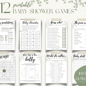 Salbeigrün Baby Shower Spiele, Minimalist Baby Shower Spiel Bundle, Baby Voraussagen und Ratschläge, Sofort Download, Printable, Baby Bingo Spiel