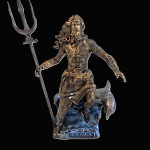 Poseidon Statue: Greek God with Dolphin, Bronze Luster Wax Finish (Assembly Required)