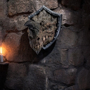 May include: A dragon head sculpture mounted on a shield, with a textured, weathered look. The sculpture is made of a dark brown material and has a menacing expression.