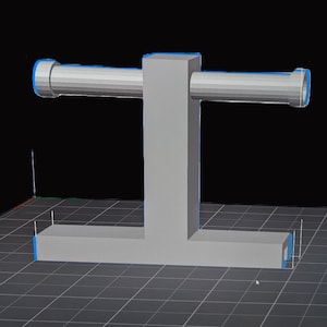 May include: A 3D printed model of a T-shaped stand with two horizontal bars. The stand is made of light grey plastic and has a smooth finish.