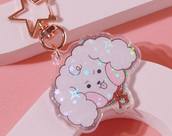 Cute Dog Keychain - Pompoms The Grumpy Dog Keychain - Holographic Finish Keychain - Kawaii Keychains