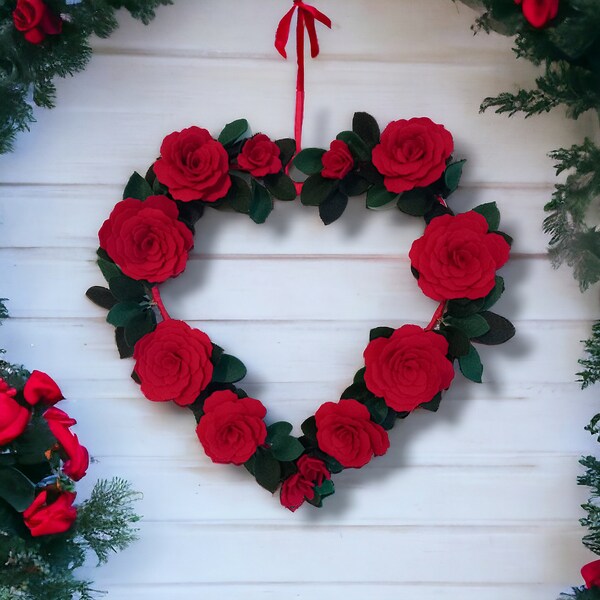 Heart Shaped Wreath with handmade Felt Roses and Green Foliage - Versatile wreath, Ideal for Wall or Front Door Decor on Valentine's Day