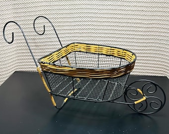 Flower Cart, Wheel Barrow, Wicker Basket, Home Decor, Metal Flower Cart