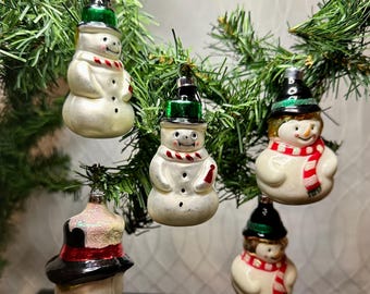 Set of 5 Snowman Christmas Ornaments – Vintage Style Glass Look Holiday Decor