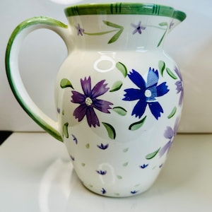 Ceramiczny dzbanek kwiatowy Niebieskie Żółte i Zielone Kwiaty Malowane ręcznie