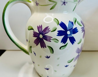 Ceramic Floral Pitcher Blue Yellow & Green Flowers Hand painted