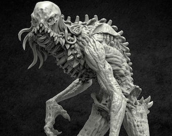 Könnte beinhalten: Ein detailliertes, graues, 3D-gedrucktes Modell einer monströsen Kreatur mit einem langen, dünnen Körper, scharfen Krallen und einem klaffenden Maul mit Zahnreihen.