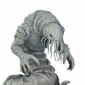 May include: A gray, detailed, 3D printed miniature of a monstrous creature with a segmented body, tentacles, and claws. The creature is posed in a crouched position, with its head lowered and its tentacles trailing behind it.