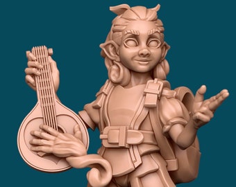 May include: A tan-colored figurine of a fantasy character, possibly a bard, holding a mandolin. The figure is wearing a tunic, breeches, and boots, with a satchel on their back. The character has pointed ears and a whimsical expression.