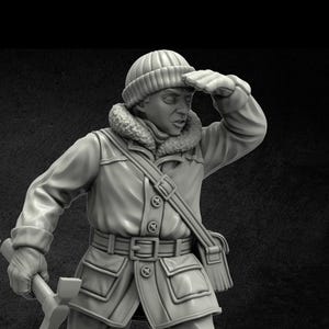 May include: Two gray miniature figures of a person in winter gear, one with a hand raised to their forehead, the other holding a pickaxe. They wear a hat, coat, gloves, and boots. Each figure stands on a circular base with a rocky texture, suggesting a cold environment.