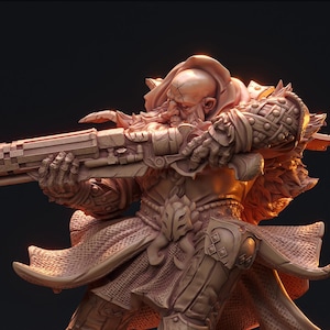 May include: A detailed miniature figurine of a dwarf warrior holding a large, futuristic-looking weapon. The dwarf is wearing armor and a cloak, and is standing on a base with barrels and crates. The figurine is painted in a light brown color.