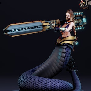 May include: A blue and black snake-like figure with a human female torso wearing a gold and black outfit and a black mask. The figure is holding a large, futuristic, silver and gold weapon with a blue light. The figure is standing on a circular platform with a gear design.