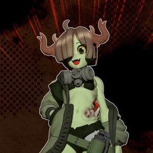 May include: A green-skinned, female character with antlers and a gas mask, wearing a green military jacket and holding a weapon. The background is a red and black comic book style design. The text "Demon of Plague" and "patreon.com/LPOMC" are visible.
