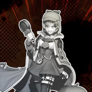 May include: A gray 3D printed miniature of a female detective figure holding a magnifying glass. The figure is wearing a hat, a long coat, and a skirt. The figure is standing on a base with a smaller figure sitting on it. The text "Invincible Detective" is printed below the figures. The text "patreon.com/LPOMC" is printed below the text.