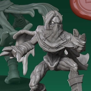 May include: A gray 3D printed miniature of a hooded figure with a cloak, standing on a round base. The figure is posed in a fighting stance with one arm raised and the other arm extended forward. The figure is wearing a mask and has a pointed hood. The miniature is a fantasy character.