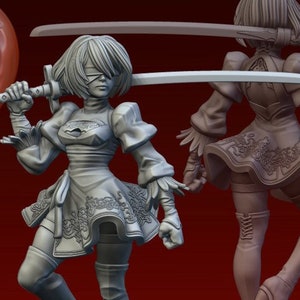 May include: A 3D printed miniature of a female figure with short white hair, wearing a white dress and holding a sword. The figure is standing on a base with a broken stone design. The figure is shown from the front and back.