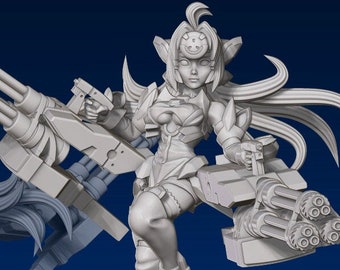 May include: A grey 3D printed miniature of a female figure with long hair, wearing a futuristic outfit and holding a large, multi-barreled weapon. The figure is standing on a circular base. The image also includes a grey 3D printed miniature of a female figure with long hair, wearing a futuristic outfit and holding a weapon. The figure is standing on a circular base. The image also includes a red wax seal with the letters "ES" in white.