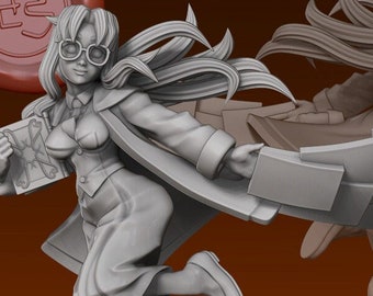 May include: A gray resin miniature figurine of a character wearing glasses, a collared shirt, and a long coat, holding a book and loose papers while running. The figure stands on a circular base next to a stack of books, with a second view shown behind.