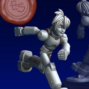 May include: Two gray robot figurines, one standing with a leg raised and the other running. Both have a humanoid shape with a round head and short hair. The running robot has a smiling face. The figurines are on black bases.