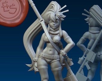 May include: A gray 3D printed miniature of a female figure with long blonde hair, wearing a bikini top and shorts, holding a large rifle. The figure is standing on a round base. The miniature is printed in a gray color and has a detailed design.
