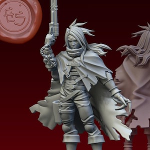 May include: A 3D printed miniature of a character wearing a tattered cloak and holding a pistol in each hand. The character has long, flowing hair and a determined expression.
