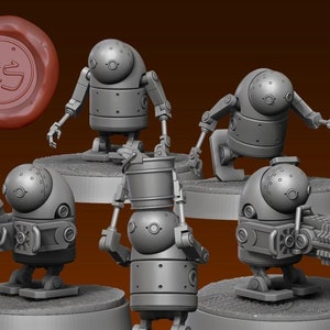 May include: Five gray 3D printed robot figurines with different tools and weapons. The robots are standing on round bases. The robots are all in the same style, with round heads and bodies, and short legs.
