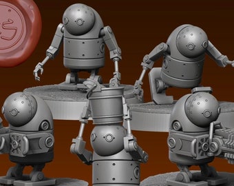 May include: Five gray 3D printed robot figurines with different tools and weapons. The robots are standing on round bases. The robots are all in the same style, with round heads and bodies, and short legs.