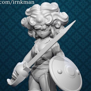 May include: A white 3D printed miniature figurine of a female warrior with curly hair, holding a sword and shield. The figurine is standing on a blue patterned background.