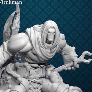 May include: A grey 3D printed miniature of a skeletal figure wearing a long, flowing robe and holding a skeletal staff. The figure has a skull-like head and is holding a wrench in one hand. The miniature is set against a blue and white patterned background.