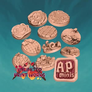 May include: A collection of ten round, light brown miniature bases with varied textures including stone tiles, tree stumps, scrolls, and swirling patterns. One square base features the text AP minis. A logo reads UNLIMITED PRINT WORKS.