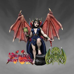 May include: A figurine of a female vampire with large red wings, a dark blue dress, and a crown, holding a chalice. The figurine is standing on a rock, with a green monster and the text "UNLIMITED PRINT WORKS" in the foreground.