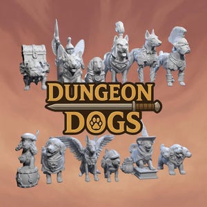 Könnte beinhalten: Eine Sammlung grauer Hundefiguren mit Fantasy-Thema. Die Figuren zeigen Hunde als Krieger, Zauberer und andere Charaktere. Der Text "DUNGEON DOGS" wird mit einem Schwert und einem Pfotenabdruck-Logo angezeigt. Diese Figuren sind wahrscheinlich für Tabletop-Spiele oder Ausstellungen gedacht.