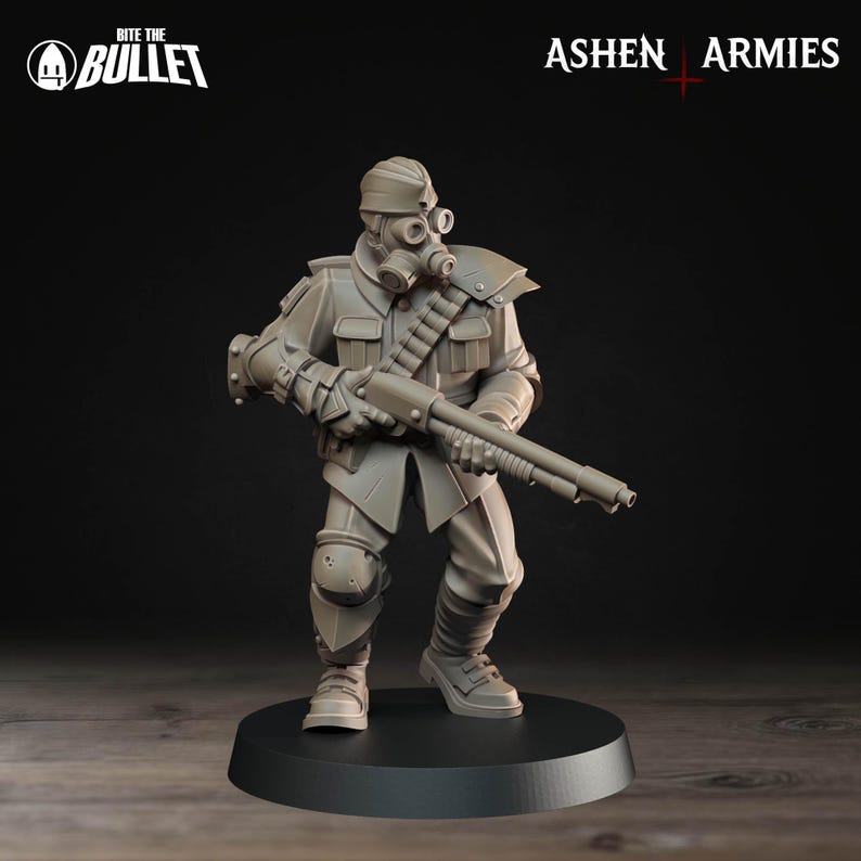 Op de afbeelding: Een grijze miniatuurfiguur van een soldaat met een gasmasker, helm en militair uniform, die een shotgun vasthoudt. Het beeldje staat op een zwarte basis. De tekst "Bite the Bullet" en "Ashen Armies" zijn zichtbaar.