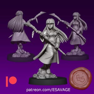 May include: A 3D-printed figurine of a female character with long hair, wearing a long coat and holding a staff. The figure is standing on a sculpted base. The image includes the text "patreon.com/ESAVAGE".
