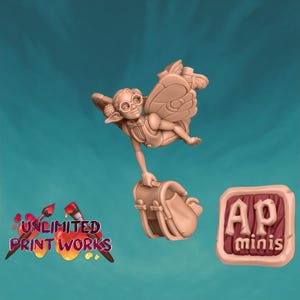 May include: A tan-coloured miniature fairy figure with large butterfly wings, round glasses, and a satchel. The fairy is holding a satchel and is floating in the air. The image also includes the text "UNLIMITED PRINT WORKS" and "AP minis".