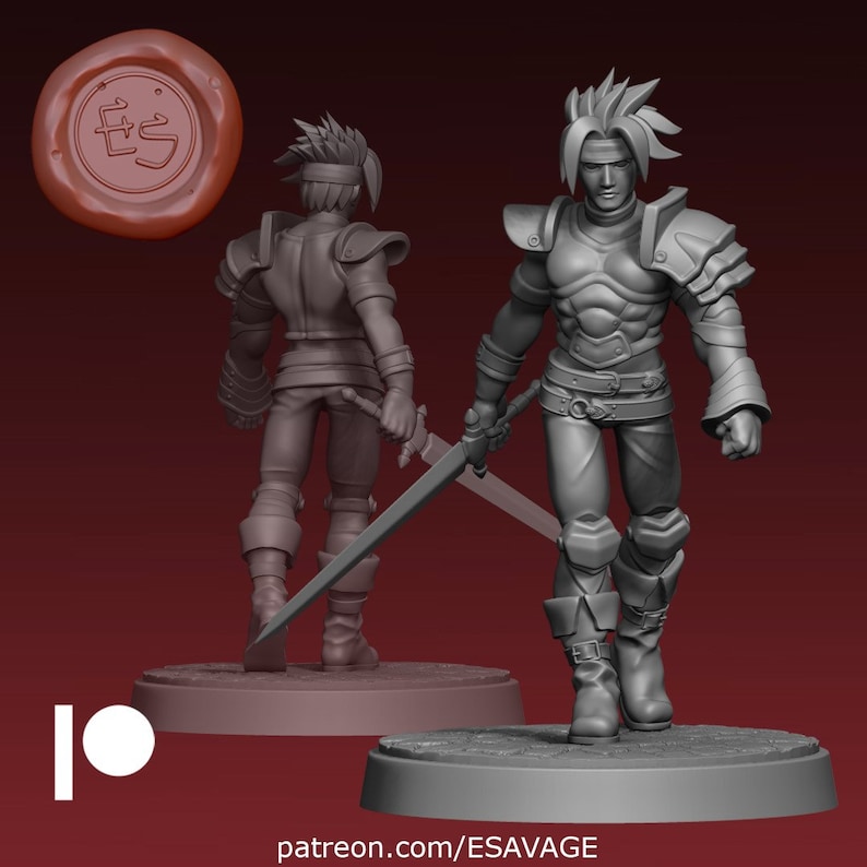 May include: A 3D printed miniature of a fantasy character wearing armor and holding a sword. The character is posed in a standing position with one leg forward and the other leg back. The character is wearing a helmet and has a sword in their right hand. The miniature is painted in a gray color.